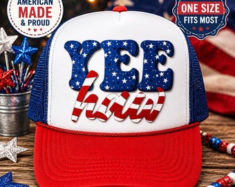 Yee Haw Patriotic Trucker Hat | Fourth of July Western Hat for Women | USA Foam Mesh Cap | Americana Country Hat | Red White Blue Hat