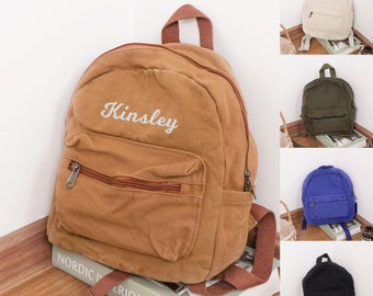 Personalized Kids Backpack, Custom Monogram Backpack,  Vintage Canvas Backpack, Embroidery Toddler School Bag, Birthday Gift For Children