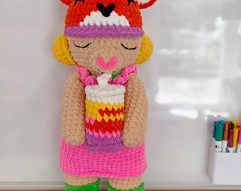 Crocheted Little Girl with Mouse Hat and Cocktail in Hand
