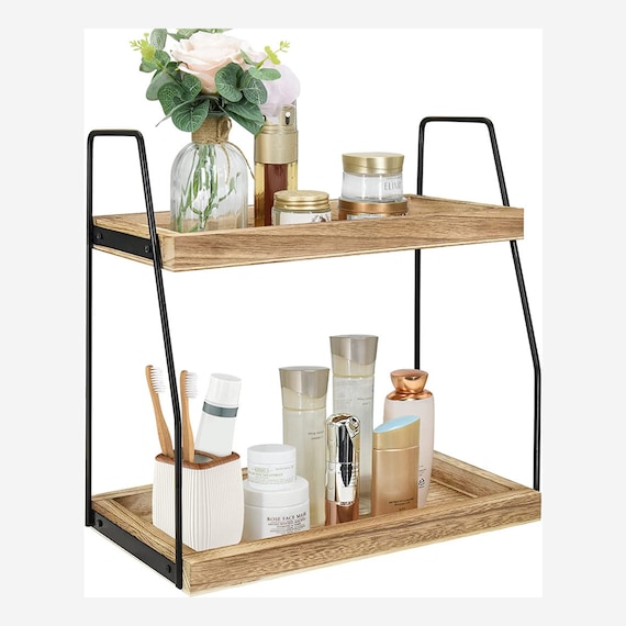 2 Tier Bathroom Countertop Organizer, Wood Bathroom Counter Shelf Organizer  