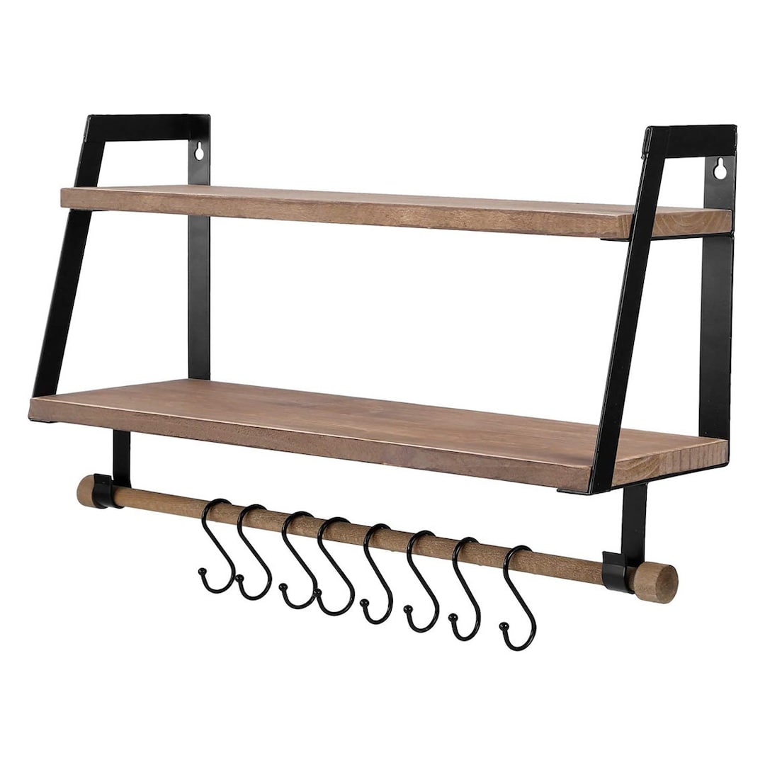 2tier Modern Floating Wall Shelves With Hooks, Solid Wood and Metal