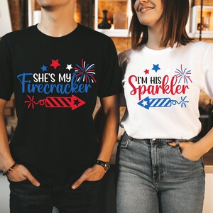 She&#39;s My Firecracker T-Shirt, Couple 4th Of July T-Shirt, 4th July Matching Couple Tee, I&#39;m His Sparkler T-Shirt, Family Matching T-Shirts,