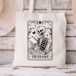 The Reader Tote Bag, Bookish Tote, Book Tarot Card Tote Bag, Skeleton Librarian Tote Bag, Reading Tote Bag, Gift For Book Lover, Cotton Tote