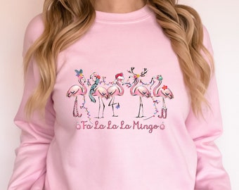Fa La La La Mingo Christmas Sweatshirt, Christmas Flamingo Sweater, Women&#39;s Holiday Sweatshirt,Funny Christmas Sweater,Pink Flamingo Sweater