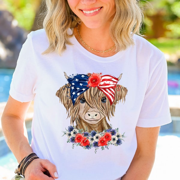 Highland Cow 4th Of July Shirt, Highland Cow T-Shirt, American Flag Shirt, Independence Shirt, American Cow T-Shirt, Happy 4th Of July Shirt