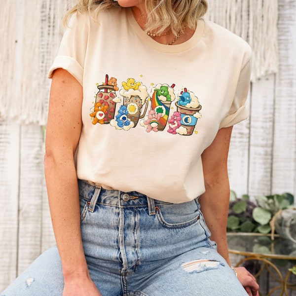 Cute Bears Coffee Shirt, Vintage Bears T-shirt, Coffee Lovers Gift, 80's Kids Shirt, Teddy Bear Shirt, Rainbow Bear Shirt, Tender Heart Bear