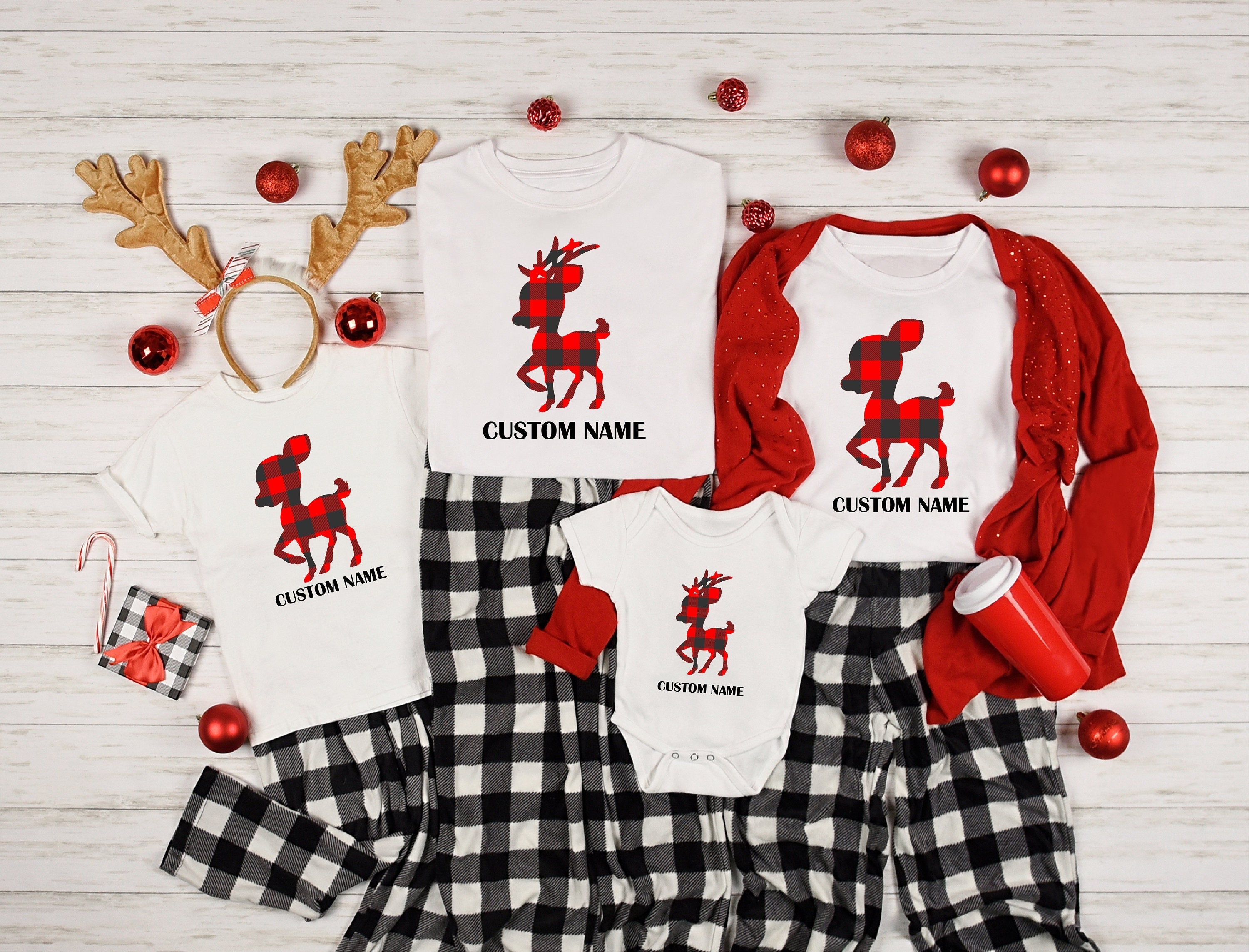Discover Custom Family Christmas Reindeer Shirt, Personalized Christmas Family Pajamas