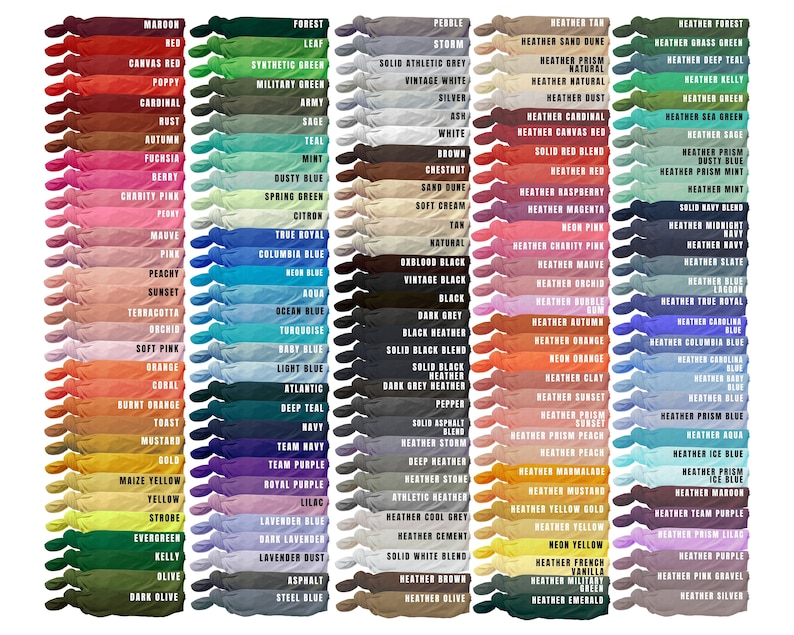 May include: A chart of 100 different colors of fabric swatches. The swatches are arranged in rows and columns, with each color labeled with its name. The colors range from bright and bold to muted and subtle.