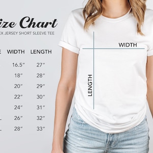 May include: Size chart for a unisex jersey short sleeve tee. The chart shows the width and length measurements in inches for sizes XS to 3XL.