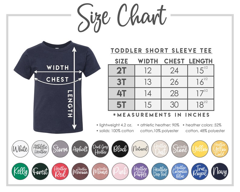 May include: Size chart for toddler short sleeve tees. The chart shows sizes 2T, 3T, 4T, and 5T with corresponding width, chest, and length measurements in inches.
