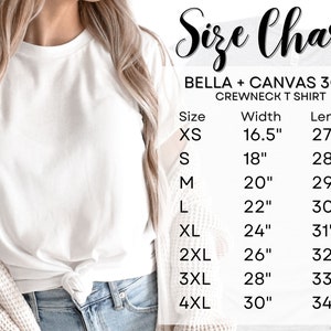 May include: A white crewneck t-shirt with a size chart. The chart lists sizes XS to 4XL, with corresponding width and length measurements in inches. The shirt is from Bella + Canvas 3001.