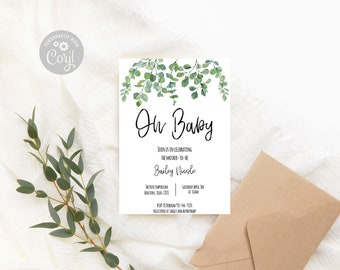 May include: A white card with green eucalyptus leaves at the top. The text "Oh Baby" is written in black cursive. The card is an invitation to a baby shower for Bailey Nicole. The date and time of the event are listed on the card.