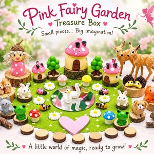 May include: A Pink Fairy Garden Treasure Box set featuring miniature figurines including a fairy, deer, hedgehogs, rabbits, a cat, a dog, a fox, frogs, ladybugs, bees, mushrooms, trees, a mirror, and a pink heart on a green felt mat.