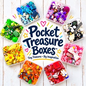 May include: Eight square clear plastic containers filled with small colorful trinkets arranged in a circle around the text Pocket Treasure Boxes Tiny Treasures Big Imagination. The boxes contain items sorted by color including blue, purple, green, black and white, yellow, pink, orange, and red.