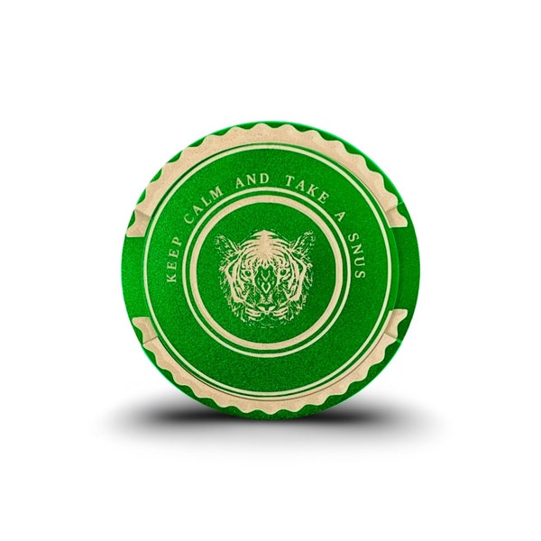 Snuff box in green aluminum with tiger ''keep calm'' gift snuff