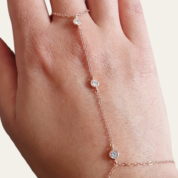 Rose gold Swarovski crystal finger ring bracelet, bridal finger ring hand chain bracelet, 925 silver rose gold hand finger ring bracelet