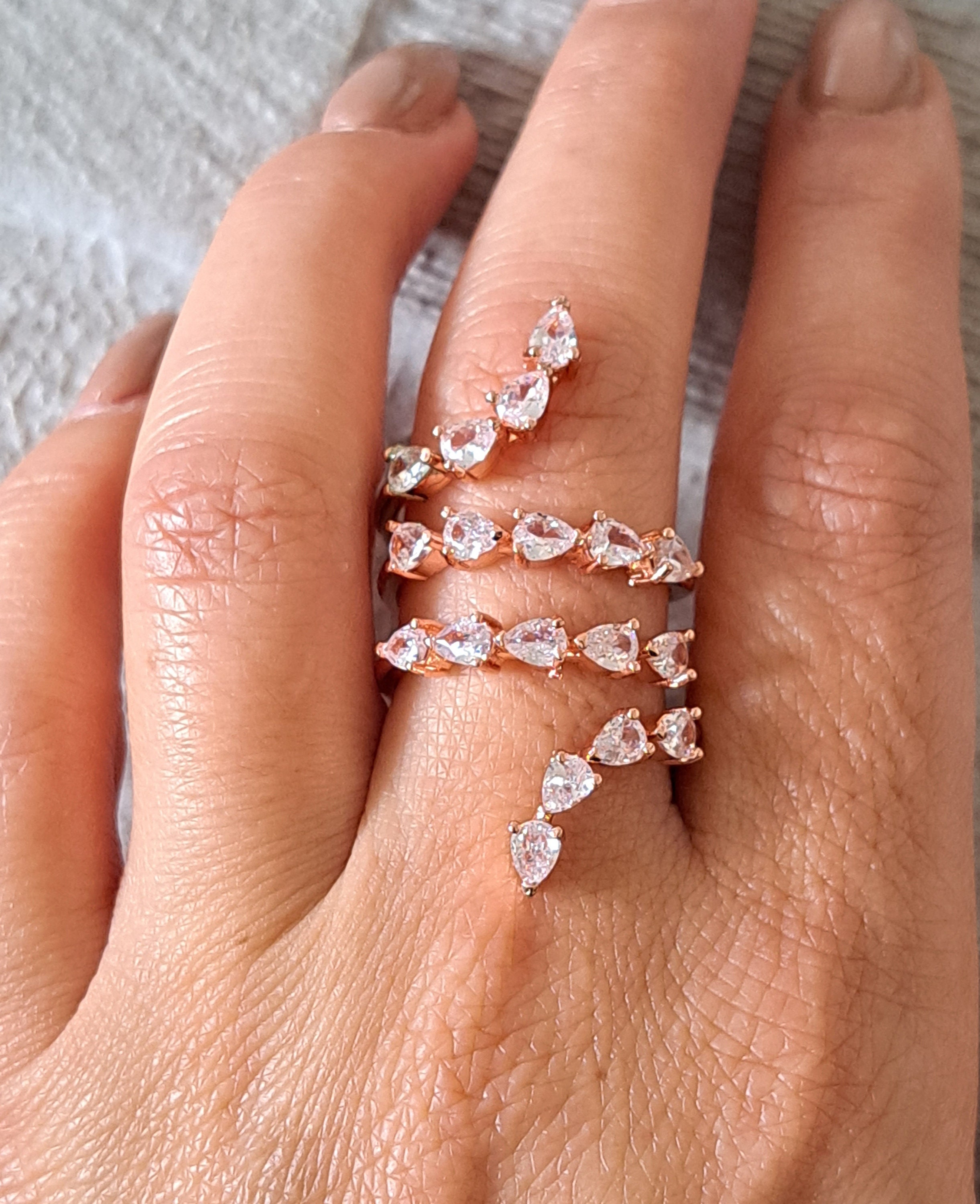 Spiral Twisted Long Rose Gold Ring Swarovski Crystal Spiral Snake