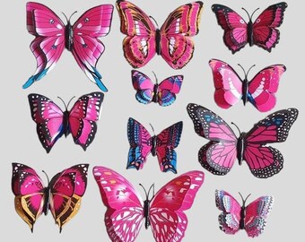 12 pieces wall 3D butterflies, DIY pink mix double wall butterflies, wall butterfly PVC murals, home decor wall butterflies