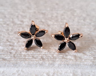 Rose gold black flower crystal earrings, large 1cm silver based rose gold stud earrings, Swarovski crystal star stud earrings