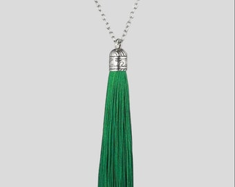 Silver green silk tassel long necklace, bohemian green silver silk thread necklace, silk tassel drop necklace