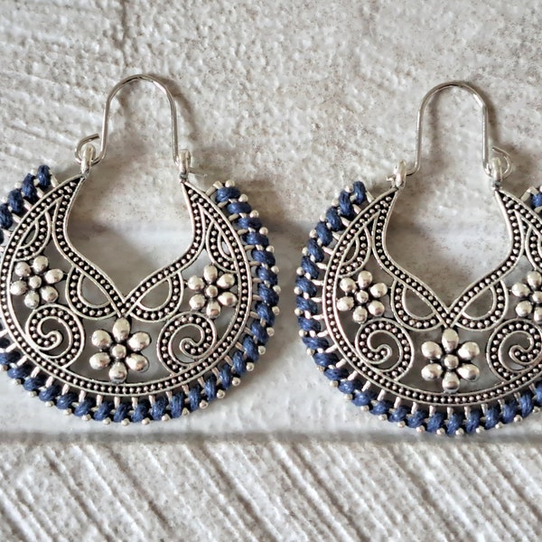 Silver bohemian blue rope hoops, silver blue wrapped thread hoop earrings, hollow flower hoop earrings, Indian silver cut out hoop earrings