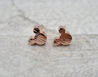 Small rose gold textured mouse earrings, rose gold mouse stud earrings, rose gold animation stud earrings, small cartoon rose gold earrings
