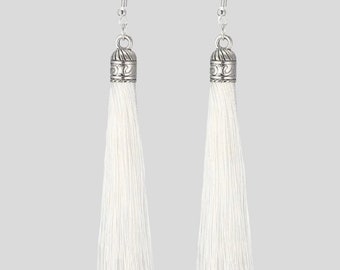 Silver white silk tassel earrings, bohemian white thread silver long earrings, Indian silk fabric tassel drop earrings