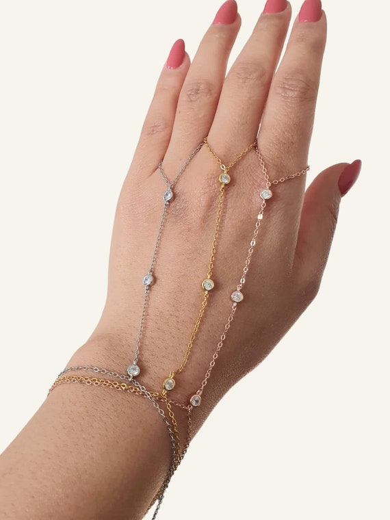 Gold Swarovski Crystal Finger Ring Bracelet Bridal Finger Ring Hand Chain Bracelet 925 Silver Gold Bracelet Etsy Canada