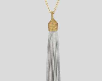 Gold grey silk tassel long necklace, bohemian grey gold silk thread necklace, silk tassel drop necklace