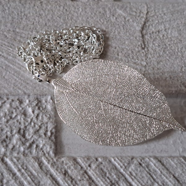 Silver long leaf necklace, unique real leaf silver pendant necklace, organic silver leaf necklace, silver dipped skeleton leaf necklace