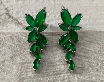 Dangle flower leaf drop earrings, long green Swarovski crystal chandelier earrings, long floral crystal dangle earrings