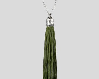 Silver olive silk tassel long necklace, bohemian olive silver silk thread necklace, silk tassel drop necklace