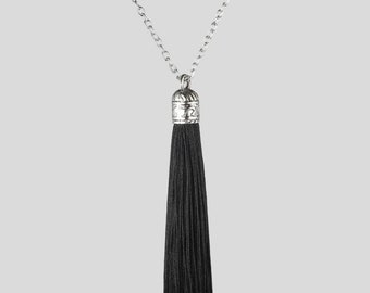 Silver black silk tassel long necklace, bohemian black silver silk thread necklace, silk tassel drop necklace