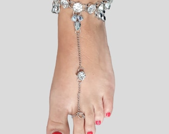 Bohemian silver Swarovski crystal foot anklet, silver beach foot jewellery, silver crystal toe and foot anklet