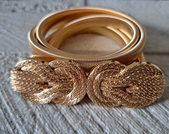 Gold skinny thin dress belt, textured knot buckle belt, stretch gold dress belt, gold shirt belt, gold thin hook belt