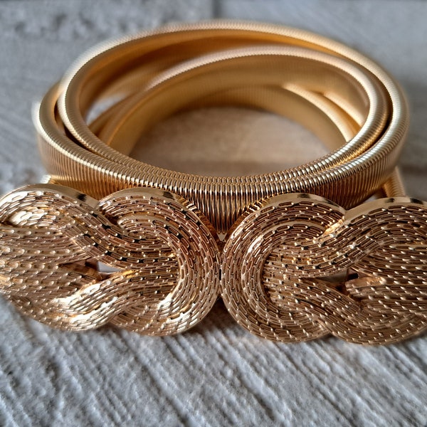 Gold skinny thin dress belt, textured knot buckle belt, stretch gold dress belt, gold shirt belt, gold thin hook belt