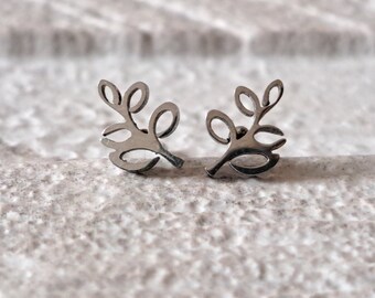 Silver mini hollow leaf stud earrings, silver stainless steel stud earrings, silver cut out leaf tree tiny studs, small silver leaf studs