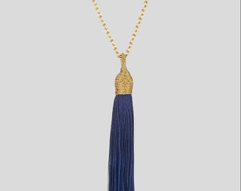 Gold blue silk tassel long necklace, bohemian blue gold silk thread necklace, silk tassel drop necklace