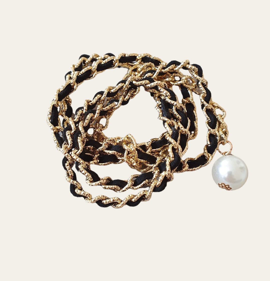 Gold Black Velvet Skinny Thin Dress Belt, Skinny Linked Chain Dress