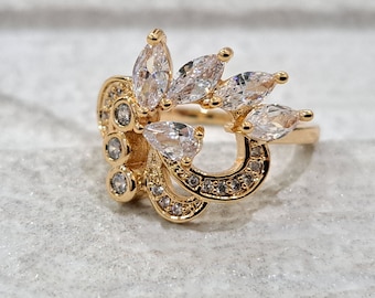 Crystal dull gold floral leaf ring, gold Swarovski crystal vintage inspired leaf ring, elegant gold crystal ring