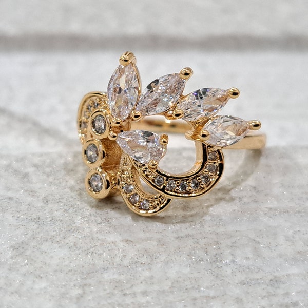 Crystal dull gold floral leaf ring, gold Swarovski crystal vintage inspired leaf ring, elegant gold crystal ring
