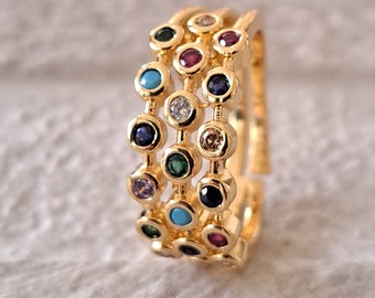 Gold multi coloured layered dot ring, gold Swarovski crystal coloured ring, rainbow circle crystal spot ring, adjustable gold cocktail ring