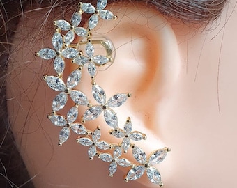 Elegant ear cuff earring, Swarovski crystal gold plated wrap climber single piece ear cuff, right full ear cuff & stud earrings