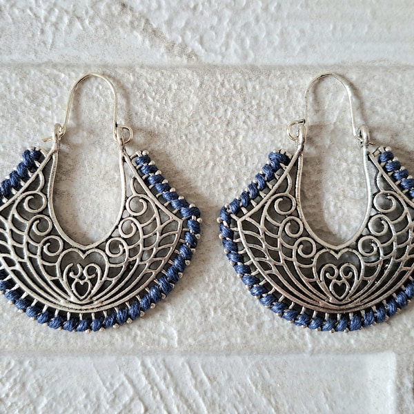 Silver navy boho vintage hoop earrings, silver navy wrapped rope thread hoop earring, heart hollow hoop earrings, Indian cut out heart hoops