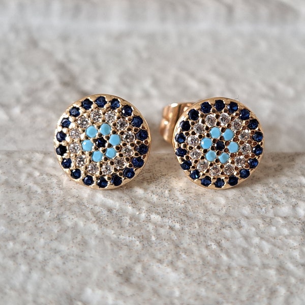 Small gold evil eye inspired stud earrings, Swarovski crystal round circle gold blue stud earrings, gold blue evil eye good luck earrings