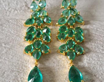 Gold green water drop crystal chandelier earrings, long gold green Swarovski drop crystal earrings, long dangle crystal gold green earrings