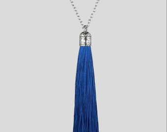 Silver royal blue silk tassel long necklace, bohemian royal blue silk thread necklace, silk tassel drop necklace