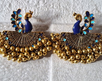 Antique chandelier gold blue peacock earrings, large Indian inspired peacock jhumki jhumka beaded ball earrings