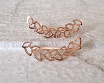 Rose gold leaf climber earrings, rose gold climber cuff earrings, delicate link leaf rose gold earrings, rose gold leaf stud earrings