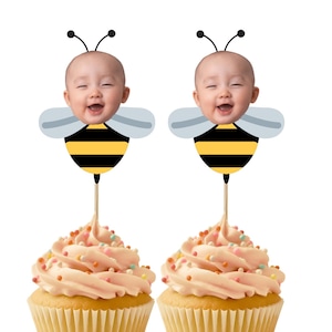 Personalized bee birthday cupcake toppers, custom birthday decorations, face cupcake toppers